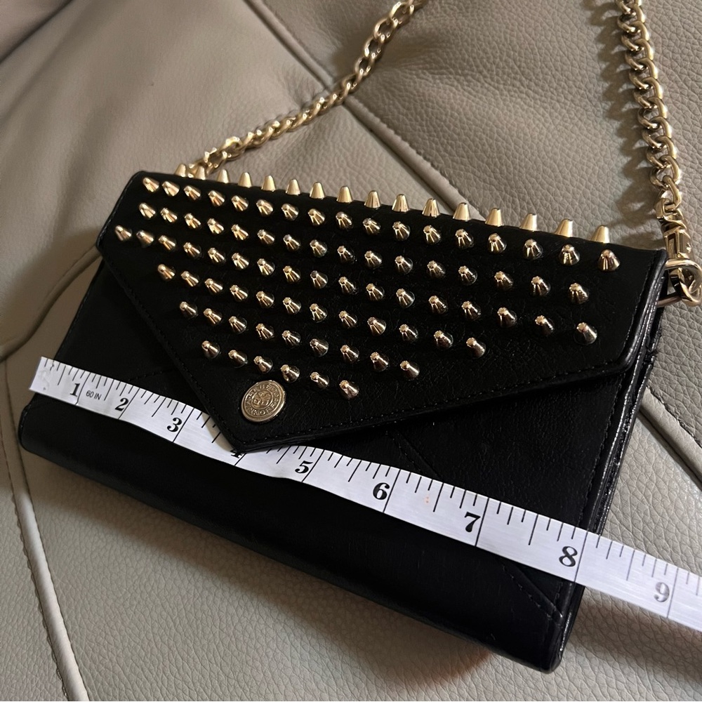 Rebecca Minkoff Crossbody Bag Studded Chain Black Leather Gold Biker Grunge Rock - Picture 11 of 16